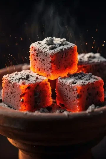 High heat shisha charcoal cubes glowing orange on a hookah bowl