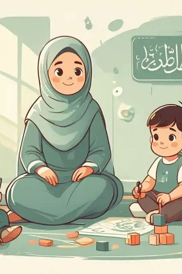 Guru berhijab mendampingi anak belajar di TK islami yang nyaman dan menyenangkan