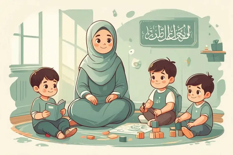 Guru berhijab mendampingi anak belajar di TK islami yang nyaman dan menyenangkan