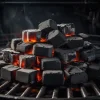 Performance grade charcoal briquettes stacked on a professional grill with glowing embers
