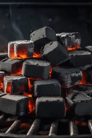 Performance grade charcoal briquettes stacked on a professional grill with glowing embers