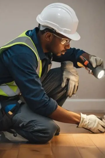 Petugas jasa anti rayap Bekasi memeriksa dinding rumah menggunakan senter secara profesional