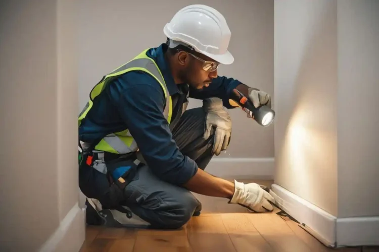 Petugas jasa anti rayap Bekasi memeriksa dinding rumah menggunakan senter secara profesional