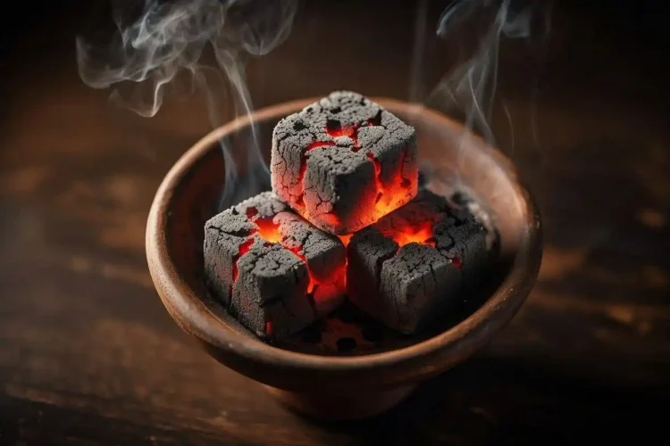 Natural coconut shell briquettes glowing on a shisha bowl ready for smoking