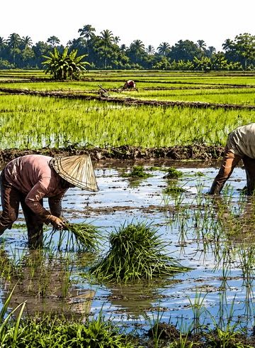 Petani mengatur kedalaman tanam bibit padi di sawah agar pertumbuhan tanaman lebih seragam.